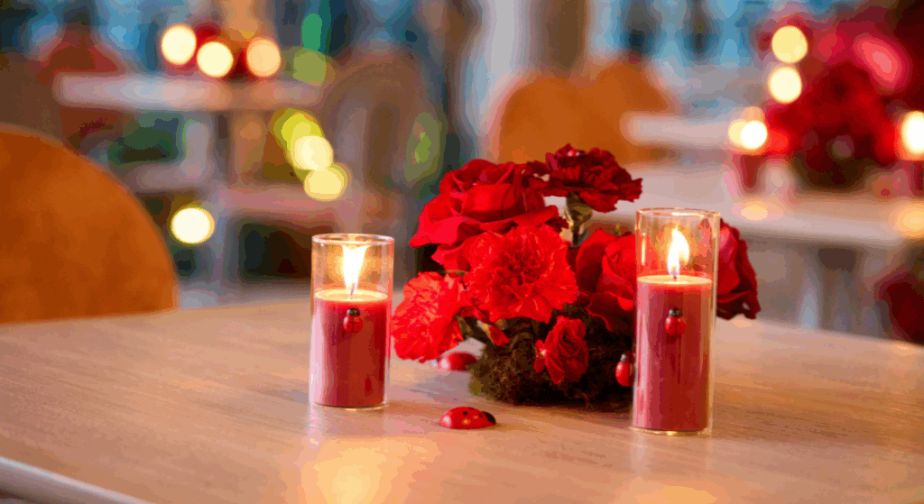 Close up of small details, ladybugs on red florals, at the Heatbug event